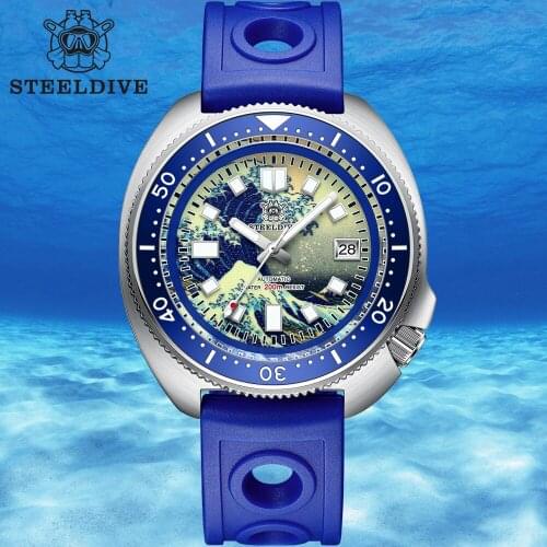 SD1970J STEELDIVE Mens Diving Watch Super Luminous Kanagawa Dial Surf 200M Waterproof Sapphire Mirror NH35 Movement Wristwatch