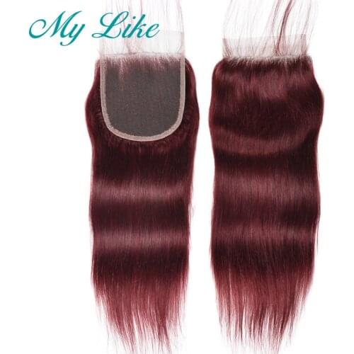 My Like Brazilian Straight Hair Closure 99j Red Burgundy Non-remy Human Hair Top Lace Closure with Baby Hair 4x4 Bleached Knots