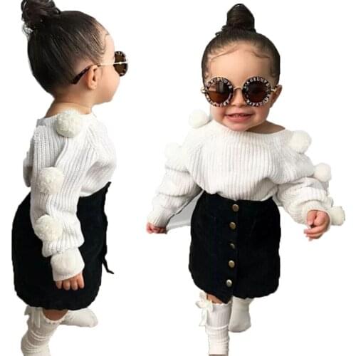New Toddler Clothes Autumn Girls Sweater Hairball Knit Tops+Button Mini Skirt 2PCS Baby Warm Brand Outfits Sets Clothes 1-6Y