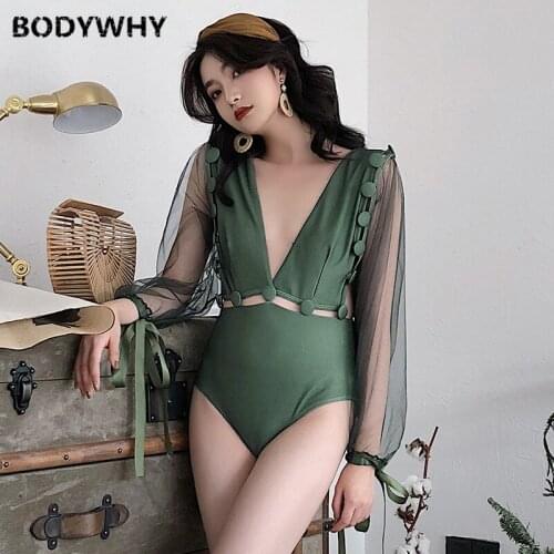 2020 New Womens Green Long-sleeved One-piece Cover Belly Was Thin Sexy Sunscreen Swimsuit Hot Spring Bathing Suit Beach Clothes