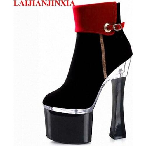 LAIJIANJINXIA New motorcycle Boots thick heel boots sexy 7 inch high-heeled pumps Punk color block 18cm High Heels Ankle Boots