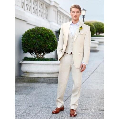Latest Coat Pant Design Champagne Linen Beach Wedding Men Suit Slim Fit 3 Piece Groom Tuxedo Custom Prom Blazer Terno Masculino