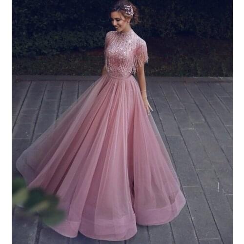 Pink Evening Dresses A-line High Collar Short Sleeves Tulle Beaded Dubai Saudi Arabia Long Prom Dress Gown Robe De Soiree