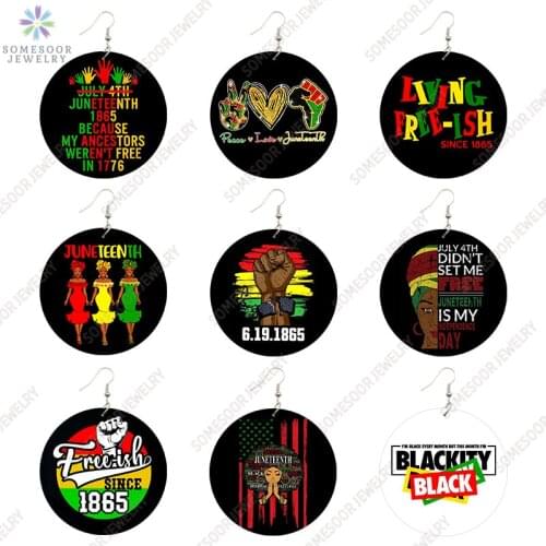SOMESOOR Peace Love Juneteenth Printed Wooden Drop Earrings Black Living Free-Ish Since 1865 Arts Loops Dangle For Women Gifts