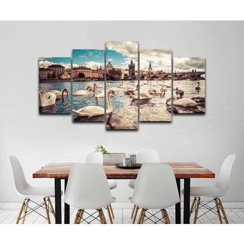 Modern Canvas HD Prints Poster Home Decor Wall Art 5 Pieces Swans Lake City Building Paintings Bridge Scenery Pictures(No Frame)