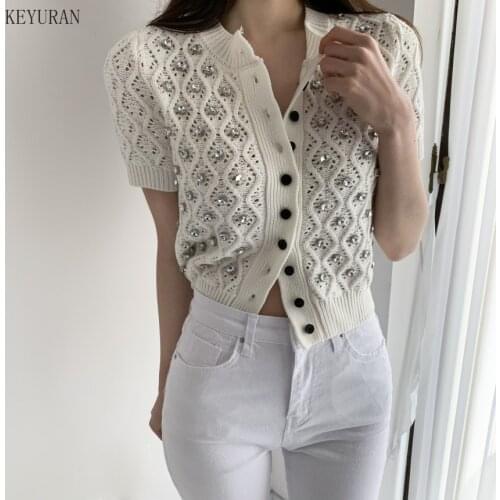 Womens Knitted Cardigan Sweater 2021 Spring Summer Fashion Solid Short Sleeve Diamond Knitted Cardigan Ladies Knitwear Tops