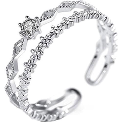 Silver Color Ring High Quality Fashion Hollow Woman Fashion Jewelry Opening Adjustable Zircon Ring Double Crown Ring