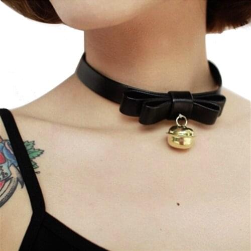2018 Punk Leather Bowknot Bell Pendant Choker Necklace Women Funky Chockers Collar collares collier ras du cou CR104