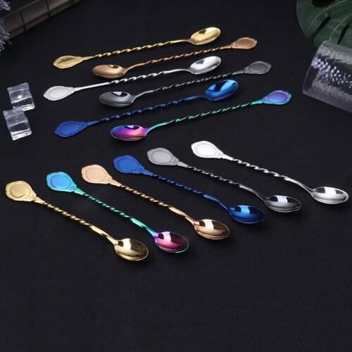 2pcs Stainless Steel Mixing Spoons Set Sharp Head Spiral Handle Cocktail Mixing Spoons Ice Cream Scoop Dessert Salad Scoop