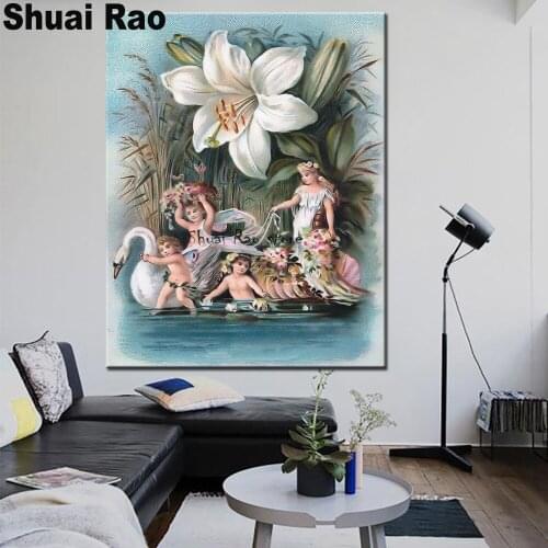 2020 New gift diamond embroidery lily swan angels diamond painting cross stitch mosaic European girl picture of rhinestones gift