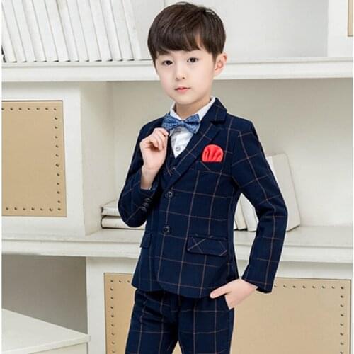 6 PCS Brand Children Flower Boys Plaid Suit Kids Blazer Jacket Formal Dress Suit For Weddings Birthday Clothes Sets