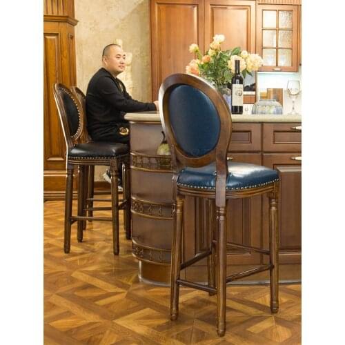American Solid Wood Bar Chair European Style Bar Chair Retro High Stool Backrest Front Desk Bar Chair High Stool