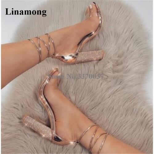 Women Fashion Open Toe PVC Straps Bling Bling Champagne Gold Chunky Heels Sandals Lace-up Rose Gold Rhinestone High Heel Sandals