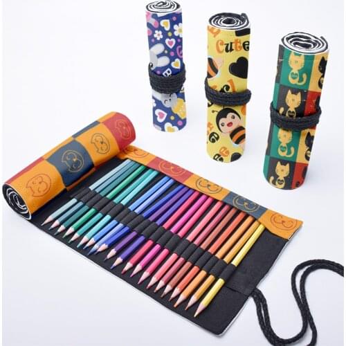 Cartoon Cat Printed Student Pencil Case For Unisex Creativity Casual Canvas Roll Pen Bag 12/24/36/48/72 Holes Draw Storage Bag