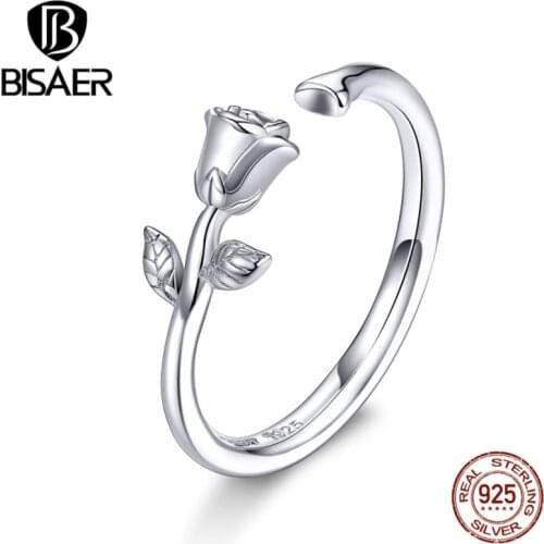 BISAER 925 sterling silver rose flowers open size rings for women finger sterling silver rings jewelry anel EFR065
