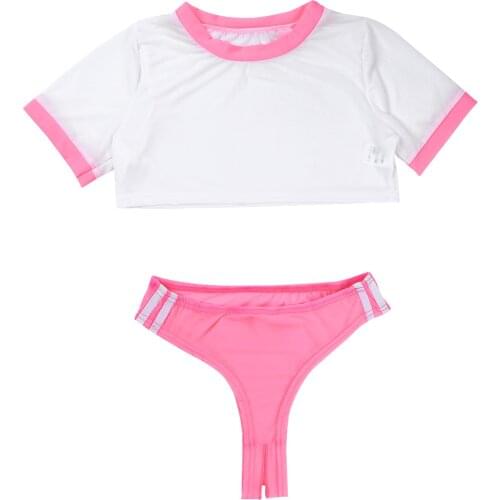 Women School Girls Sexy Lingerie Set See-through Erotic Role Play Costume Crop Top with Open Crotch Briefs Transparent Underwear