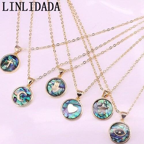 12Pcs Gold Color Rainbow Abalone Shell Round Charms heart eye cross Fashion Jewelry Pendant Necklaces