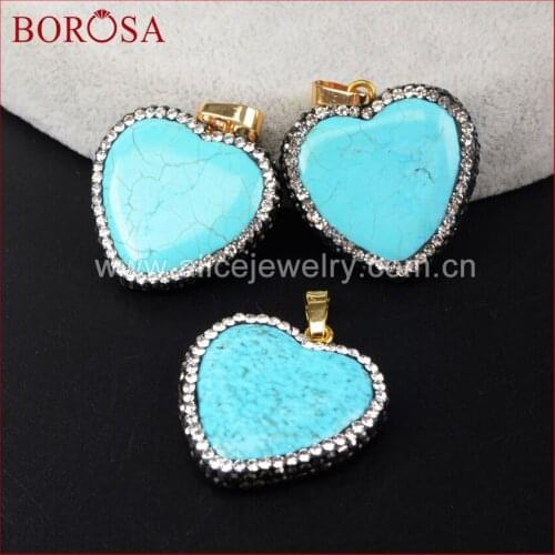 BOROSA Heart Shape Blue Howlite Stone Pendant,Handcrafted CZ Pave Zircons Druzy Gems Stone Pendant for Necklace JAB596