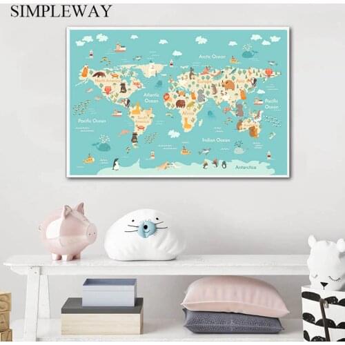 Cartoon Animal Ocean World Map Child Poster Nursery Canvas Print Baby Enlightenment Wall Art Picture Painting Kid Bedroom Decor