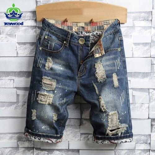 2021 Summer Mens Hole Denim Shorts men Fashion Casual Straight Fit Ripped Retro Biker Style Short Jeans Male Brand Clothing 40