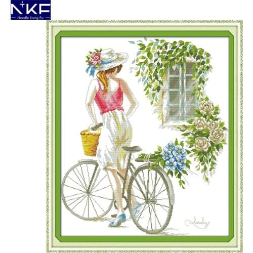 NKF Bicycle Girl Cross Stitching DIY Needlework Cross Stitch Kits for Embroidery Home Decoration Cross-stitch Set Embroidery