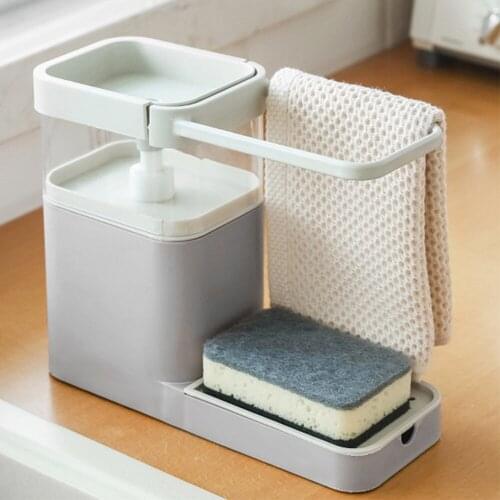 Upgrade 3 In 1 Soap Dispenser Kitchen Manual Press Liquid Soap Drip Plate Dishcloth Towel Sponge Rack Organizer Cleaning Tools
