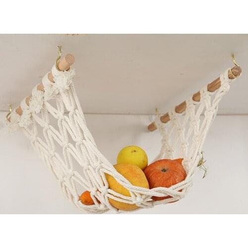 Hanging Fruit Hammock Bohemian Style Woven Net with Wooden Sticks Hooks cotton + beech Storage Trays hot sale