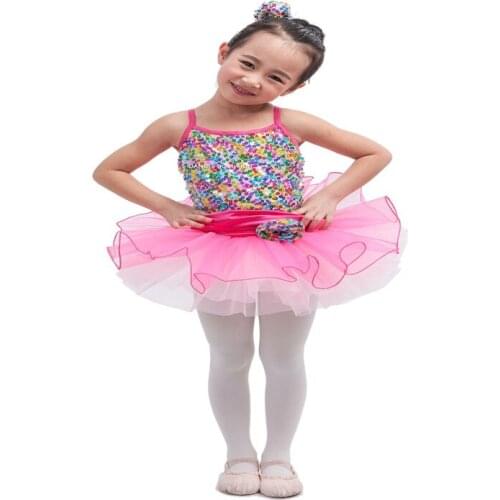 Rainbow Sequin Ballet Tutu Girls Tutus Light Pink Tulle Dance Dress Stage Performance Costume With Pouf Hair Barrette 15015