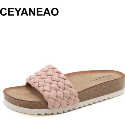 CEYANEAO2021 New Womens Summer Beach Cork Slippers Weave Non-slip Slides Female Flip Flops Ladies Sandals Comfortable Home Shoe