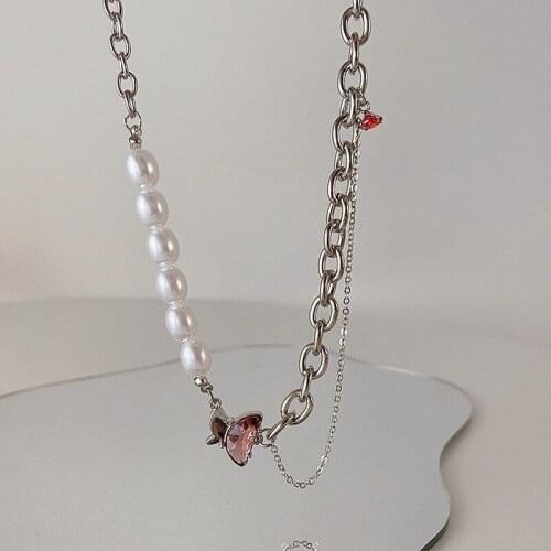 U-Magical Exaggerated Cubic Zircon Imitation Pearl Pendant Necklace for Women Butterfly Hollow Chunky Chain Necklace Jewelry