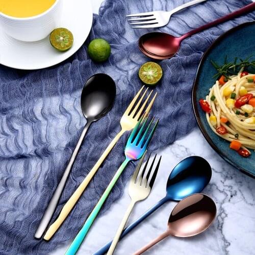 Color Plating 304 Stainless Steel Pasta Salad Fork Coffee Stir Spoon Long Handle Tea Spoons Kitchen Hot Drinking Flatware