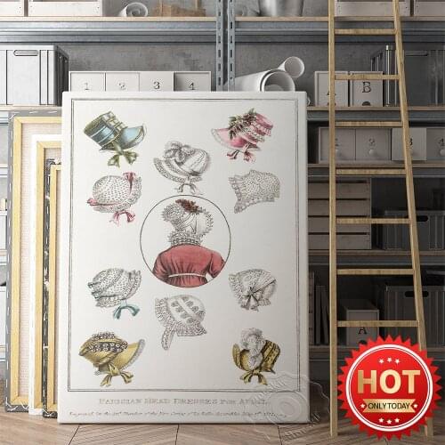 Vintage Fashion Cap Canvas Painting Wall Stickers, Regency Period Paris Cap Art Gather Prints, Cap Fashion Trend Wall Picture