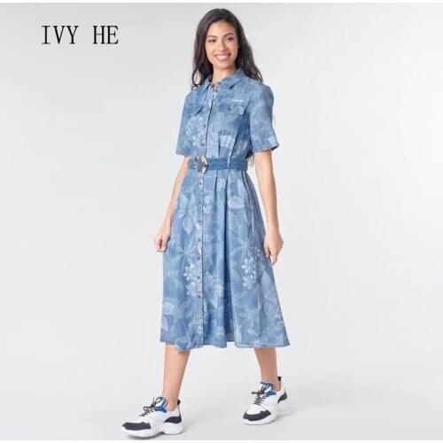 IVY HE High Quality Casual Denim Floral Printing Girdle Single Breasted Summer Dress Women Party Dresses Traf Robe ZA Long Dress