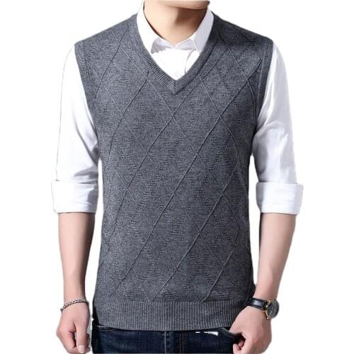 High Quality Men Fashion V-neck Argyle Pattern Plain Solid Color Wool Knitted Pullover Sweater Vest