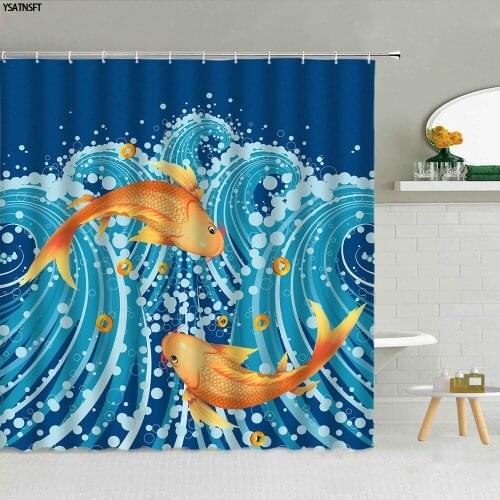 Chinese Style Ocean Wave Koi Shower Curtain Dream Bubble Retro Fish Pattern Bathroom Supplies Fabric Cloth Curtains With Hooks