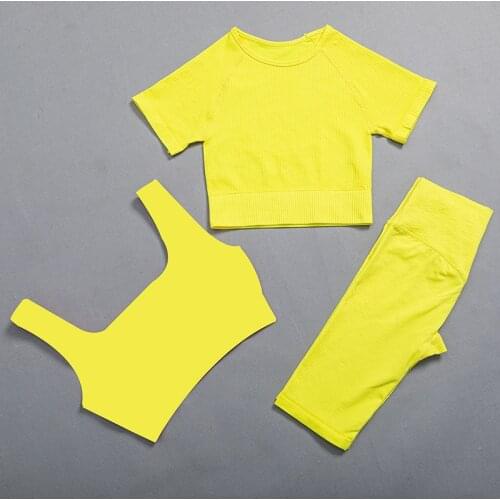 3PCS Women Seamless Yoga Sets Female Fitness Clothing Sports Suit GYM Sports Bra Crop Top Short Sleeve Yoga Shorts Workout Set