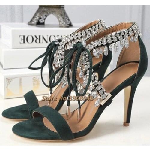 Lace Up Crystal Sandalias Summer Bling Bling Rhinestone Tassel Woman Sandals Tied Up Thin Heels Female Party Dress Shoes