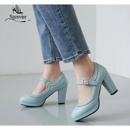 Sgesvier 2020 Cute Ruffles Black Pink Party mary Jane Dress Office Shoes Woman High Heel Womens Pumps Block Heels Blue Shoes