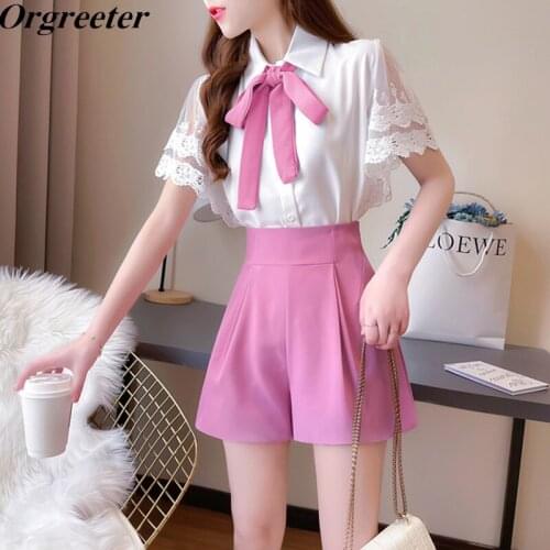 Temperament sweet Ladies Lace Stitching Flare sleeve Polo Bow Tie and High waist Wide leg Shorts Two-piece Pants suit Female