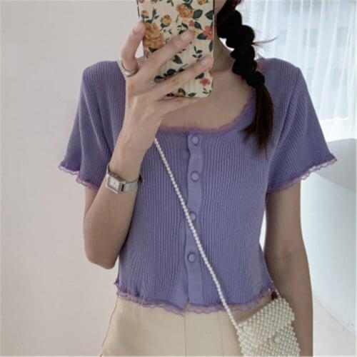 2020 Square neck spliced button short sleeve sweater female Korean Fashion knitted tight thin cardigan cropped sweater PZ3403