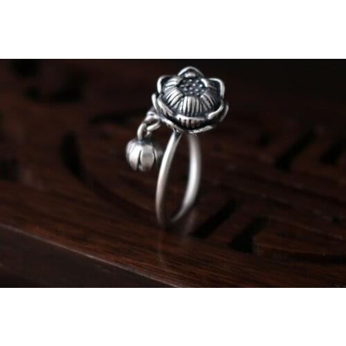 100% S925 sterling silver ethnic style matte matte temperament size lotus open female ring