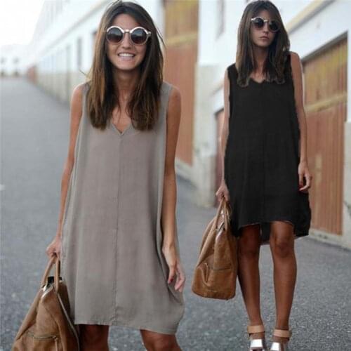 Women V-neck Tank Mini Dresses Summer Solid Sleeveless Loose Dress Casual Beach A-line Dress Sundress Vestidos