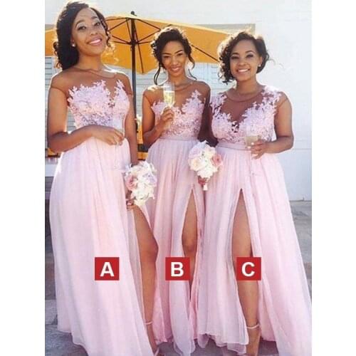 High Slit Lace Applique & Chiffon Robe De Soirée De Mariage Pink Illusion Neckline Платья для подружек невесты