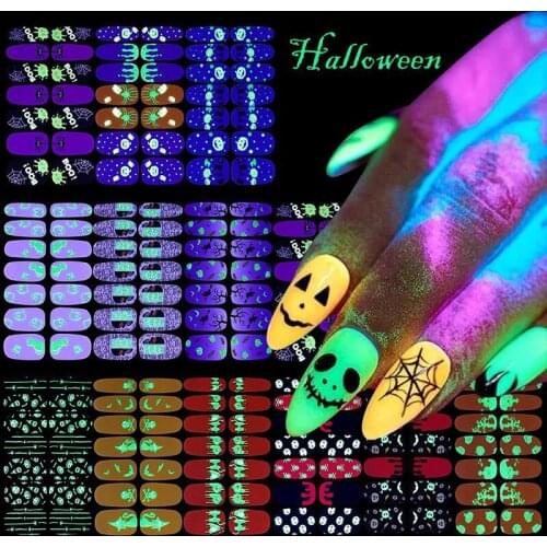 14Tips/Sheet Halloween Party Nail Art Stickers Glowing Luminous Adhesive Slider Pumpkin Spider Nail Decals Manicure Decoration