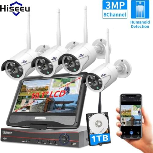 3MP Wireless Security Camera System Outdoor with 10inch Monitor,8 Channel Video NVR with 4pcs Indoor Home Surveillance IP Camera