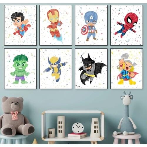 Watercolor Wall Art Cartoon Cute Baby Superheroes Canvas Painting Spiderman Character Posters and Prints Picture Nursery Decor