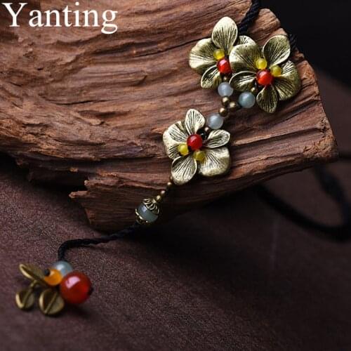 Yanting Long Sweater Necklace Vintage Copper Flowers Pendant Aventurine Beads Stone Handmade Ethnic Statement Necklace 066