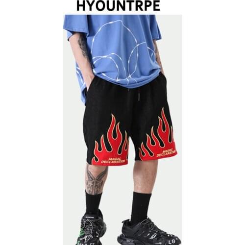 Fashion Fire Embroidery Denim Shorts Men Elastic Waist Hip Hop Beach Drewstring Vintage Jean Shorts New Summer Streetwear Shorts