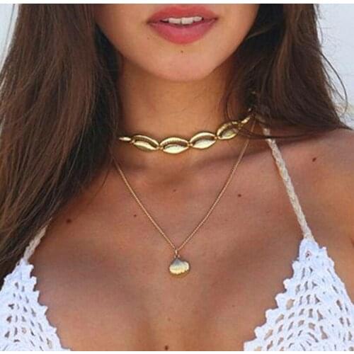 European And American fashion all-match Metal Texture Double-layer Necklace Alloy Shell Scallop Pendant Necklace Jewelry