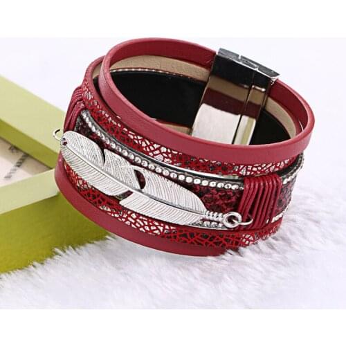 Classic Women Bracelets & Bangles Genius Leather Metal Feather Charm Pattern Leather Wrap Multiple Layers Rope Bracelets Gift
